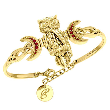 Great Horned Owl with Crescent Moon and Celtic Heart 14K Gold Cuff Bracelet GBA290 - Jewelry
